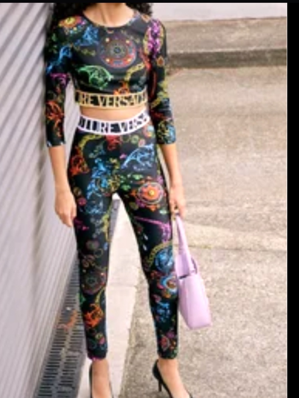 Versace Jeans Couture Black Baroque Print Jersey Leggings and top size 6 medium - Picture 8 of 16